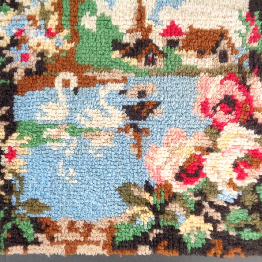 Vintage Handmade Shillcraft Latch Hook Rug Completed Springtime Roses Swans - Picture 3 of 11
